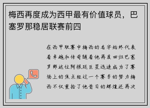 梅西再度成为西甲最有价值球员，巴塞罗那稳居联赛前四
