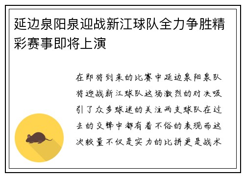 延边泉阳泉迎战新江球队全力争胜精彩赛事即将上演